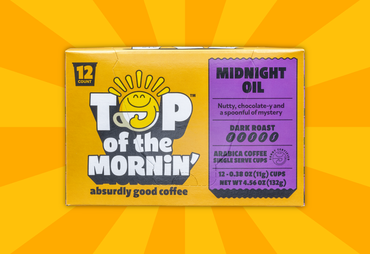 Top of the mornin' midnight oil box orange badge dark roast coffee single serve cups front