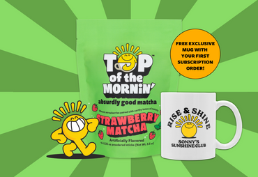 top of the mornin' strawberry matcha front green background free subscription mug