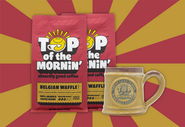 top of the mornin belgian waffle bags of coffee with one yellow mug yellow and red background