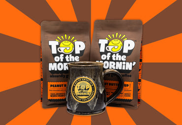 sweet sips bundle with background. peanut butter cup flavored coffee. medium roast arabica coffee. top of the mornin mug