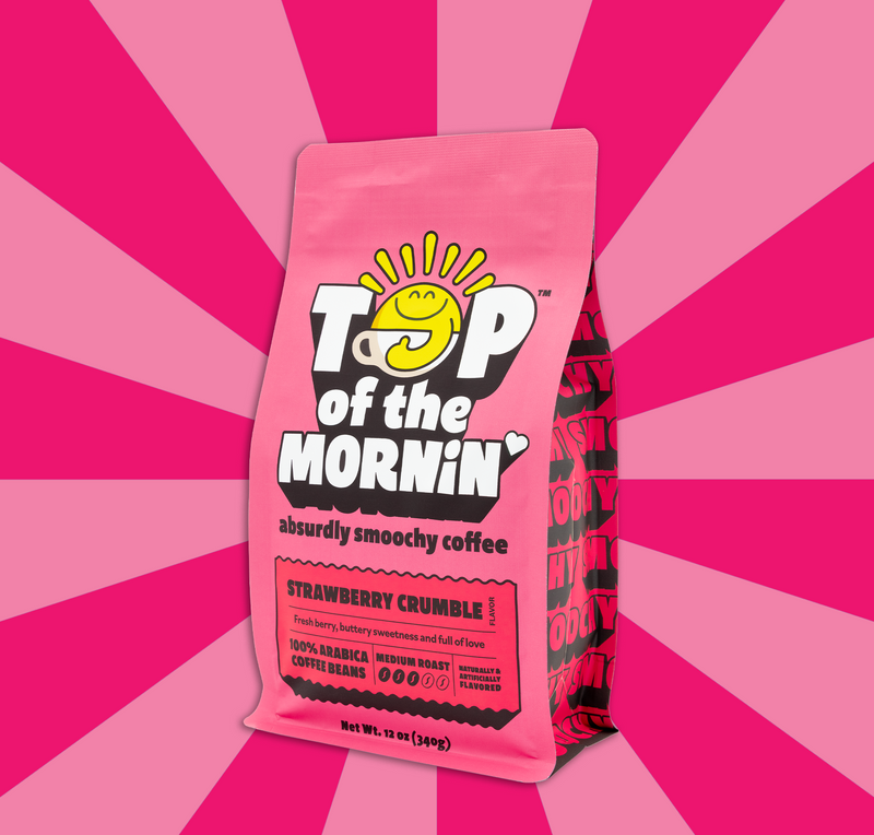 strawberry crumble flavored coffee side angle, top of the mornin coffee, seasonal valentines day coffee specialty grade Arabica Coffee beans
