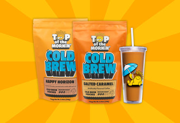 happy horizon cold brew with salted caramel cold brew and a clear tumblr  yellow background