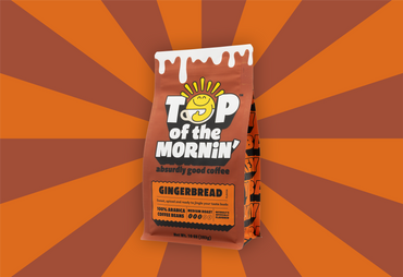 Top of the Mornin' gingerbread coffee package on an orange and brown background