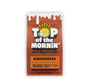 Coffee package labeled 'Top of the Mornin'' with gingerbread flavor on a white background