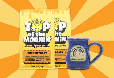 two orange bags with a blue mug by top of the mornin' french toast today is your day bundle orange ray background