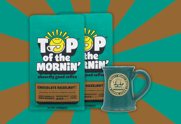 Top of the mornin' wakey wakey bundle two coffee bags chocolate hazelnut and one mug green and brown striped background