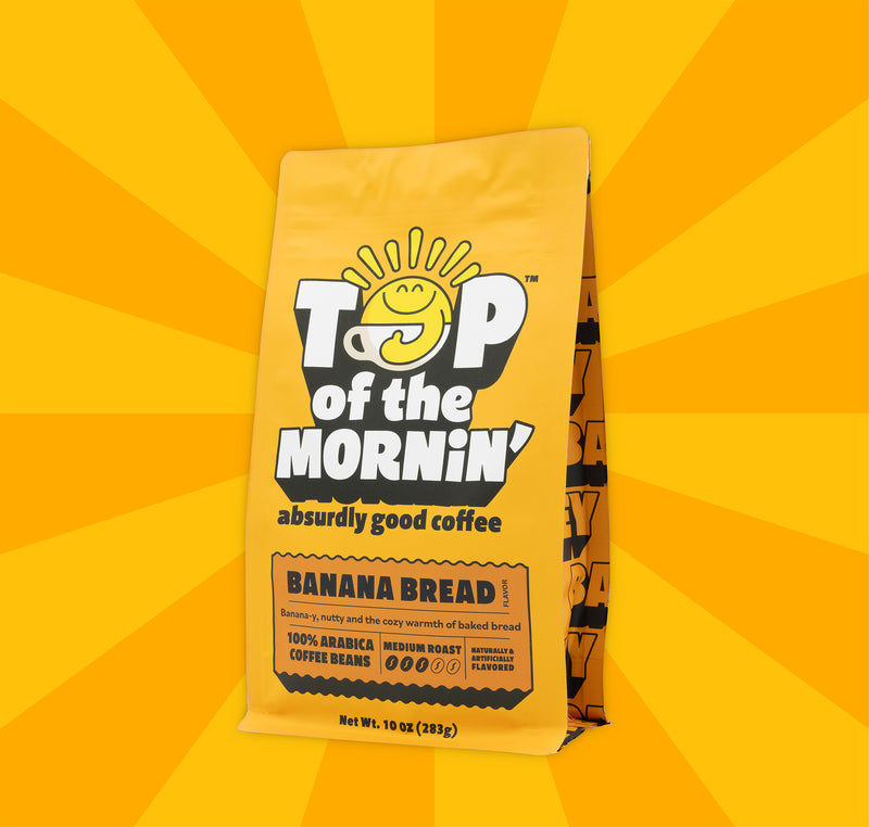 Coffee bag labeled 'Top of the Mornin'' on a bright yellow background