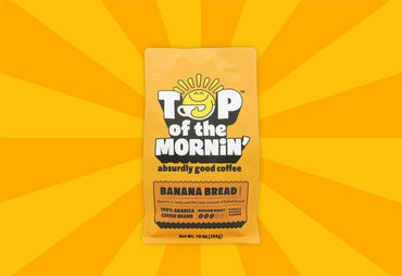 Top of the Mornin' banana bread coffee package on a yellow background