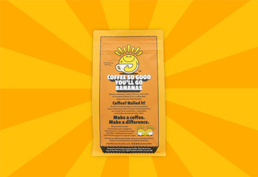 Coffee package with a humorous label on an orange background