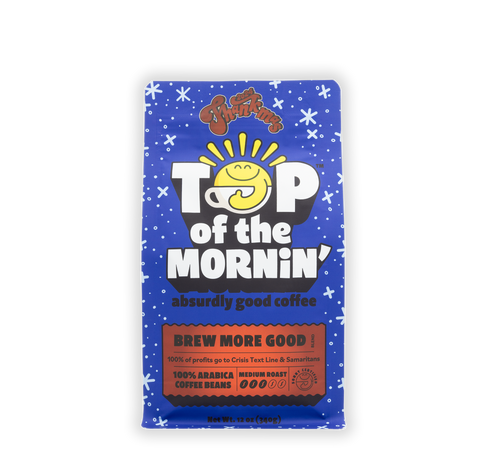 Top of the mornin brew more good coffee thankmas themed coffee bag blue bag with red badge 2024 thankmas transparent background