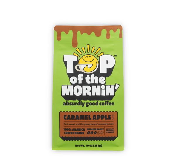 green top of the mornin' coffee bag with orange badge caramel apple flavor front of bag
