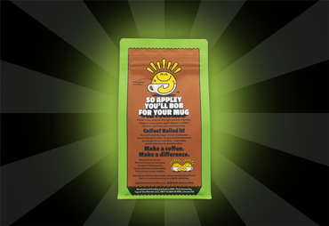 Coffee package with branding and text on a green and black striped background