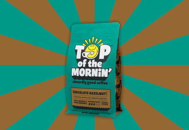 top of the mornin green bag chocolate hazelnut flavored coffee jacksepticeye coffee background green and brown front of bag