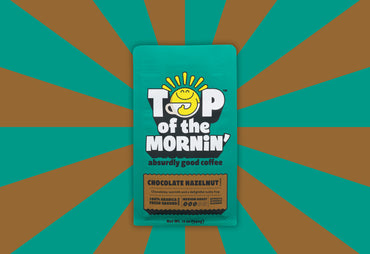 top of the mornin green bag chocolate hazelnut flavored coffee jacksepticeye coffee background green and brown front of bag