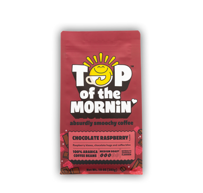no background top of the mornin coffee absurdly smoochy coffee chocolate raspberry flavored coffee red and pink bag 