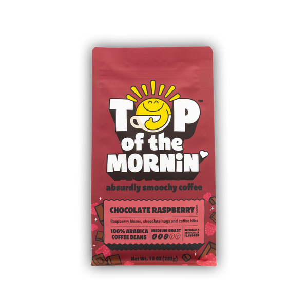 no background top of the mornin coffee absurdly smoochy coffee chocolate raspberry flavored coffee red and pink bag 