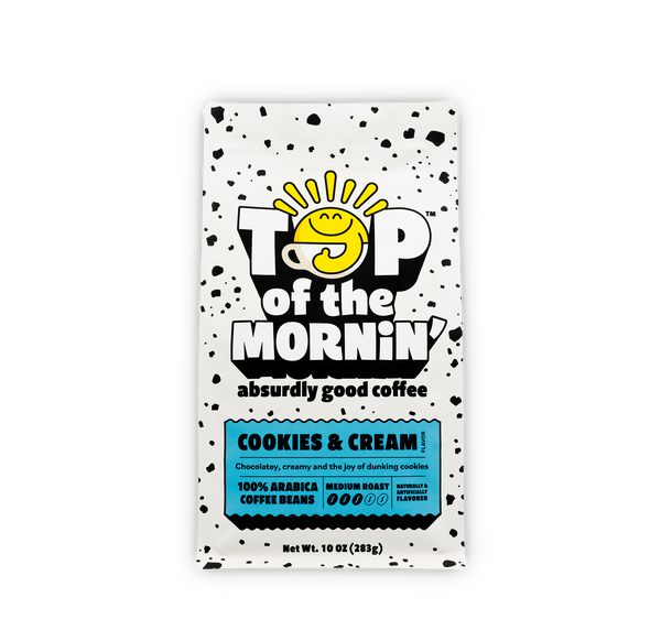 Coffee package labeled 'Top of the Mornin'' with a cookies & cream flavor on a white background.