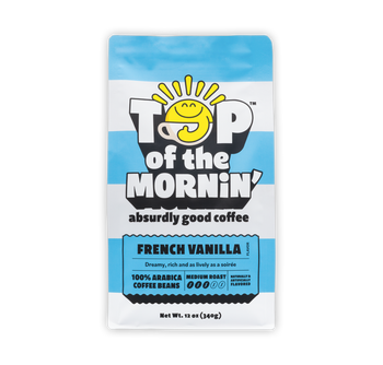 French Vanilla blue striped coffee bag by top of the morning front view