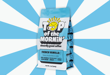 French Vanilla blue striped coffee bag by top of the morning side view
