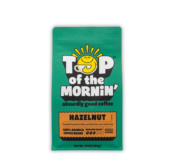 Green coffee bag with 'Top of the Mornin'' branding on a white background