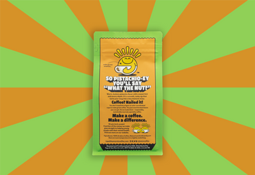 Coffee package with a humorous label on a green and orange striped background