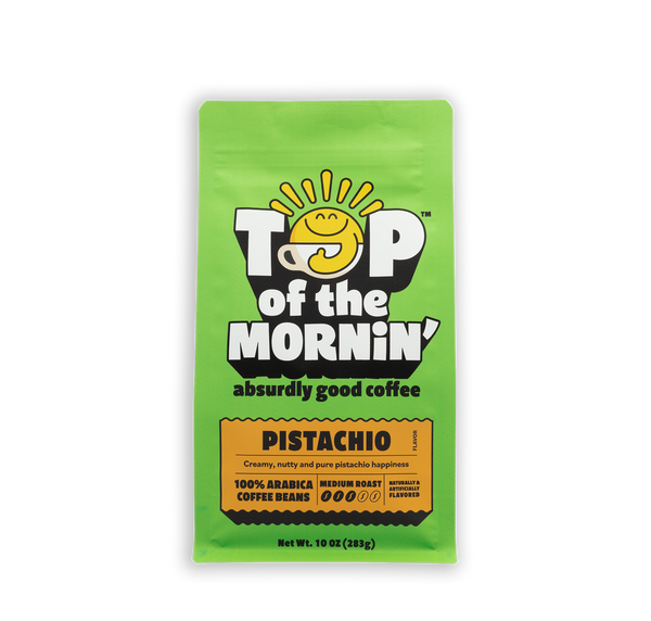 Green package of Top of the Mornin' pistachio coffee on a white background