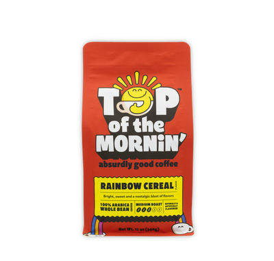 rainbow cereal coffee bag red with yellow badge 