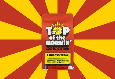 rainbow cereal coffee bag red with yellow badge  red and yellow background