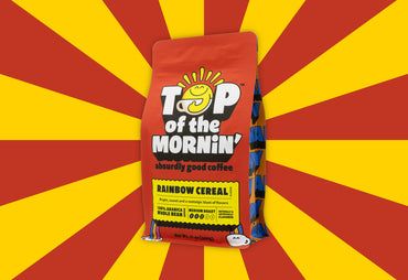 rainbow cereal coffee bag red with yellow badge  red and yellow background