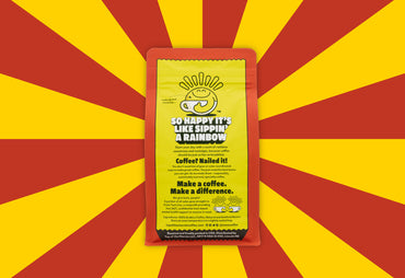 rainbow cereal coffee bag red with yellow badge  red and yellow background
