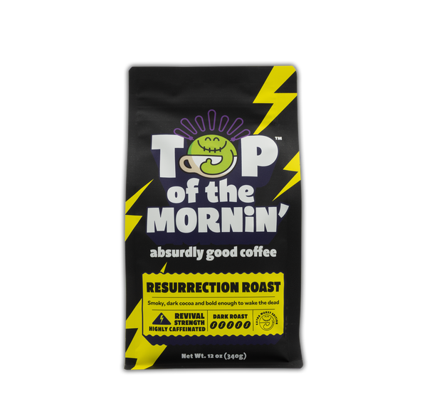 top of the mornin Resurrection roast yellow and black back on top of a transparent background front view