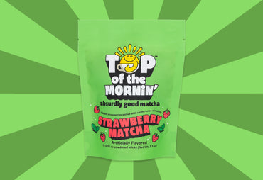 top of the mornin' strawberry matcha front green background
