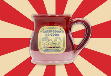 do more good mug by jacksepticeye top of the mornin brew good. do good. totm planet positivity red and pink mug front red stripe background