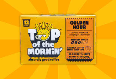 Top of the mornin' golden hour box orange badge medium roast coffee single serve cups front