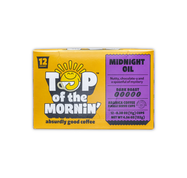 Top of the mornin' midnight oil box orange badge dark roast coffee single serve cups front