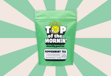 peppermint tea with background front of top of the mornin' pouch