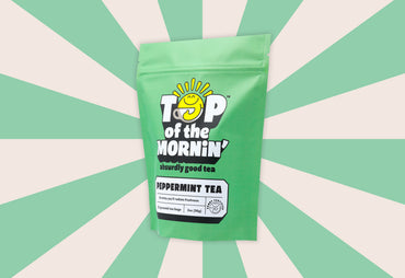 peppermint tea with background side angle of top of the mornin' pouch tea bags